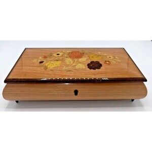 Vintage Floral Wood Inlaid Music Box Made In Italy/Ben Rickert Peach Footed 10”